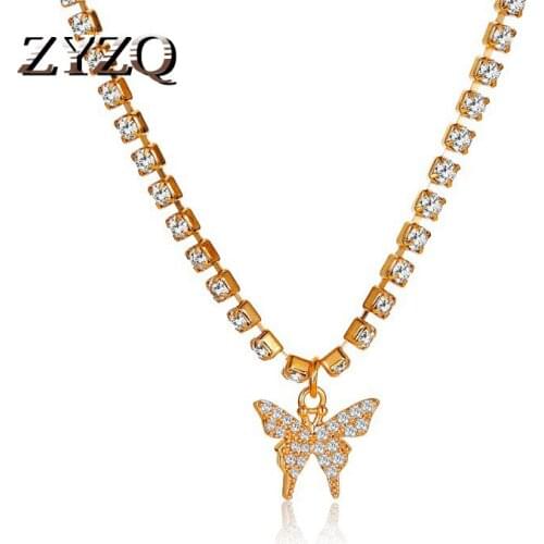 ZYZQ Exquisite Crystal Butterfly Necklace Metal Zinc Alloy Bow Rhinestone Pendant Necklace Dream Wedding Jewelry