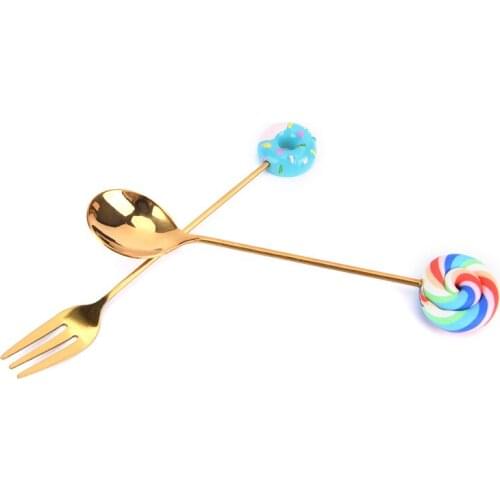 1pc Donut Lollipop Fork Spoon 304 Stainless Steel Dessert Fruit Forks Honey Coffee Stirring Spoon Cutlery Dinnerware Accessories