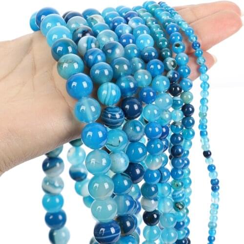 15"Strand Natural Stone Beads Smooth Blue Striped Agates Round Loose Beads For Jewelry Making Necklace Bracelet 4-12mm