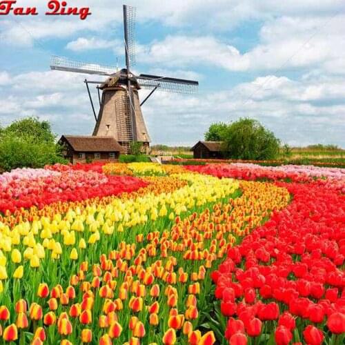 5D DIY diamond painting cross stitch square mosaic tulip flower field windmill rhinestone painting diamond embroidery sale