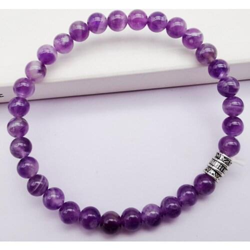 Purple Crystal Stone Beads Tibetan Silver Bracelet Bangle Stretch Jewelry For Woman Gift G614