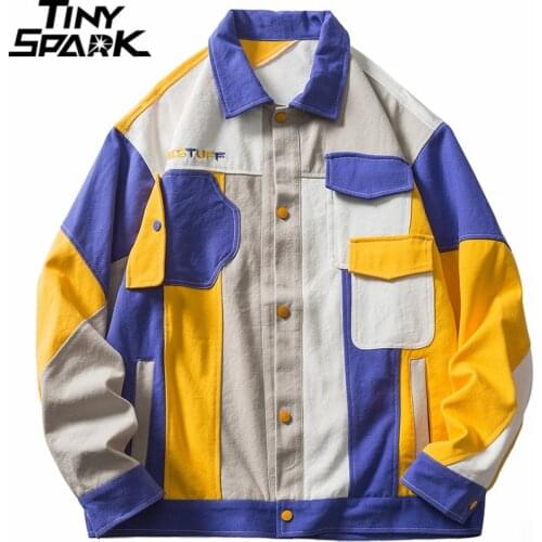 Hip Hop Streetwear Color Block Patchwork Denim Jacket Embroidery Letter Jacket Coat 2021 Men Autumn Harajuku Cotton Jacket Coat