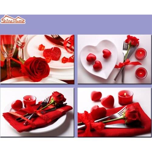 ShineHome-4pcs Flower Canvas Prints Paintings Cutlery Red Roses Picture Cafe Shope Dining Living Room House Wall Art Decoration