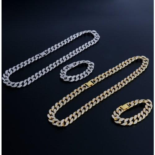 Hip Hop 2pcs Kit Miami Curb Cuban Chain Necklace 13-15MM Golden Iced Out Paved Rhinestones CZ Bling Rapper Necklaces Men Jewelry