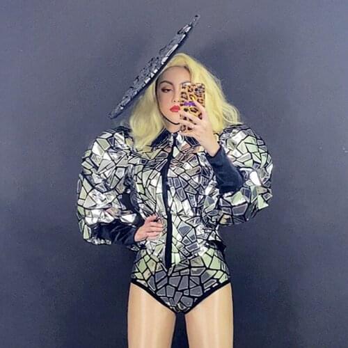 Fashion Silver Mirror Puff Sleeve Nightclub Outfit Gogo Jazz Dancing Stage Costume Dancer Singer Performance Clothing VDB4066