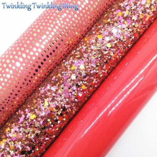 RED Glitter Fabric, Patent Faux Leather Fabric, Polka Dots Fabric, Synthetic Leather For Bows A4 8"x11" Twinkling Ming XM162
