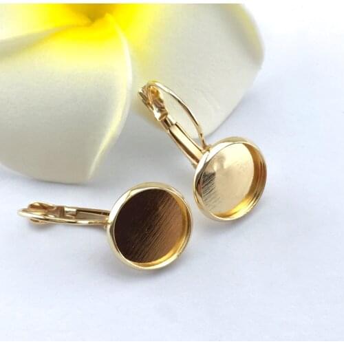 12mm 10pcs Earring Hooks Round Gold Plated Cabochon Cameo Tray Settings Earring Blank Base Supplies for Jewelry