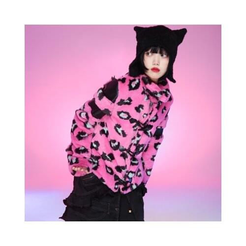 Evil tooch Autumn Winter Harajuku Kawaii Leopard Pink Jacket Hot Girl Loose Thicken Fashion Sweet Cute Plush Winter Coat New