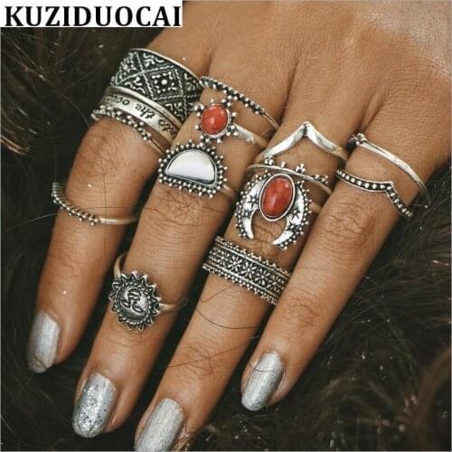 Kuziduocai New Fashion Fine Jewelry Retro Ancient Silver Color 14 Pieces Different Models Set Rings For Women Ladies' Gifts R-7