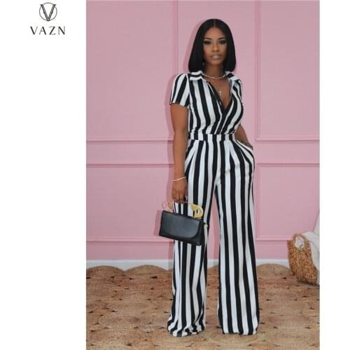 VAZN Summer 2021 European and American Womens Print Striped Shirt Loose Casual Commuter Two-Piece Set