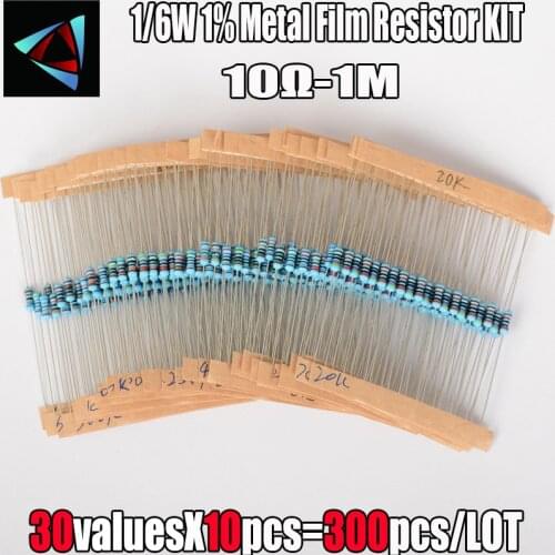 300PCS 1/6W 1% Metal Film Resistor Kit 10 ohm - 1M ohm Color Ring Resistance 10R-1MR Resistor Assorted Set 30 Values