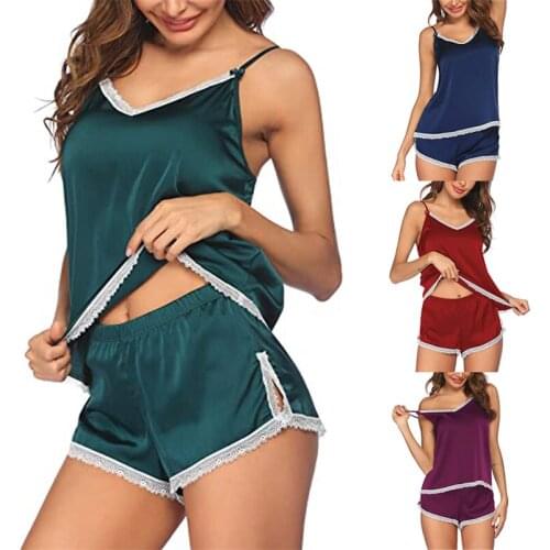 2021 New Ice Silk Summer Suspender Shorts Womens Pajamas Suit Ladies Sexy V Neck Satin Lace Side Sleepwear Home Pijamas Clothes