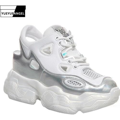 Summer New Female Sneakers Design High Heel Platform Wedges Shoes Woman Fashion 2019 Breathable Hollow Out Pink Zapatos De Mujer