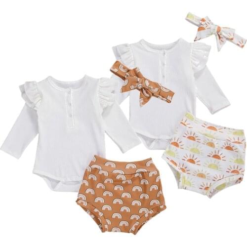 3Pcs Baby Girls Fall Outfits Long Sleeve Ruffle Romper + Rainbow Shorts + Headband Set
