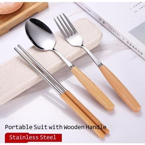 Portable outdoor tableware stainless steel wooden handle student chopsticks spoon dinner dinnerware set boxed flatware