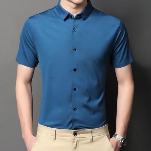 Quality Pink Oversize Silk Office Wedding Mens Shirts Short Sleeve Light Blue Clothes Big Size Classic Comfortable Work Blouse