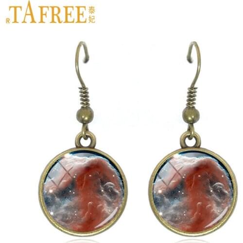 TAFREE Galaxy Drop Earrings nebula dangle earrings solar system planet art picture glass round cabochon dome copper jewelry A328