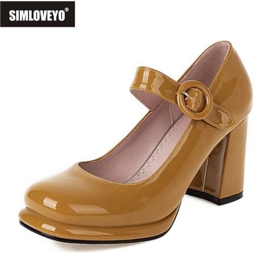 SIMLOVEYO 2021 Lacquer Pumps Mary Janes Round Toe Platforms Buckle Strap 8cm Chunky Heel Shoes US17 Black Yellow Red Beige A4355