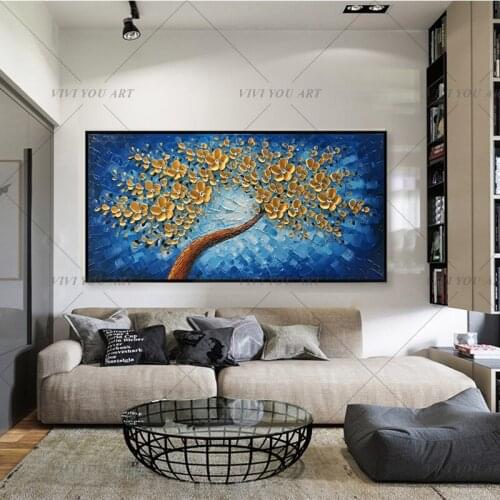 VIVI Textured Palette Knife Oil Paintings On Canvas Hand Painted Modern Abstract 3D Golden Flowers Wall Decorative Pictures Art