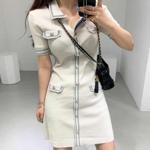 Vintage Summer Knitted Dress Women Korean Short Sleeve Single-breasted Mini Dresses Slim Elegant Sweater dress vestidos