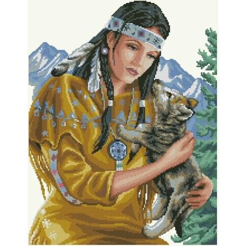 Top Quality Beautiful Counted Cross Stitch Kit Hunter Beauty and Beast Indian Lady Woman Girl and Wolf Cub luca-s luca