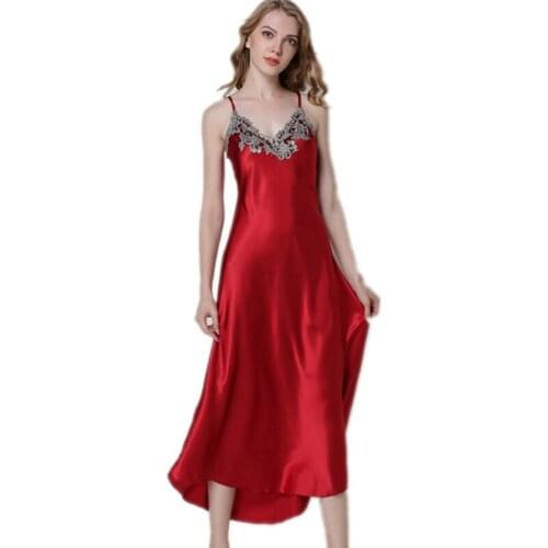 Ladies silk Long Gowns Black Sleepwear Nightgown Plus Size Women Night Dress Womens Clothing Lingerie Dress red