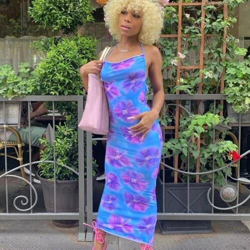 2021 Women Summer Bright Printed Halter Straps Slim Halter Neck Sexy Sleeveless Y2K Wholesale Dresses