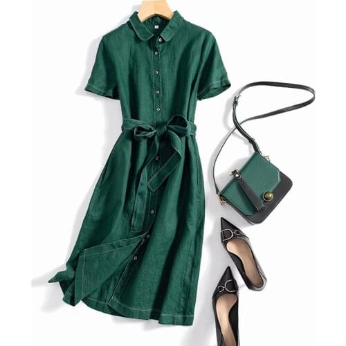 Summer Women Loose Plus Size Petite Japan Style Cottagcore Comfortable Breathable French Water Washed Linen Shirt Dress W/h Belt