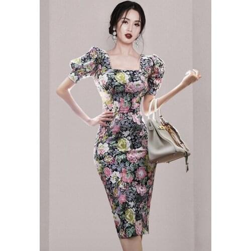 2021 Summer Women Vintage Floral Print Dresses Work Business Office Party Bodycon Pencil Sheath Dress