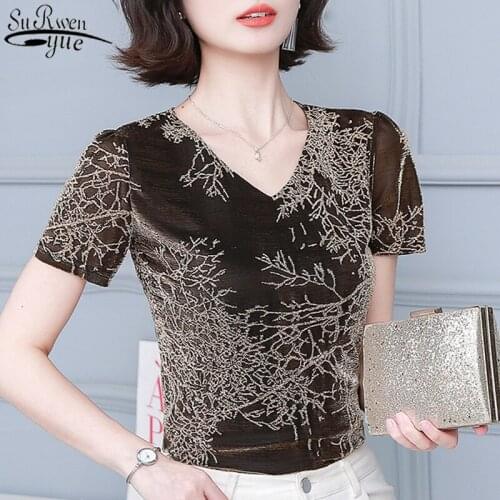 2021 Summer Korean Style Short Sleeve Womans Blouses Vintage Printed V Neck Blouse Plus Size Women Slim Womans Shirts 10362