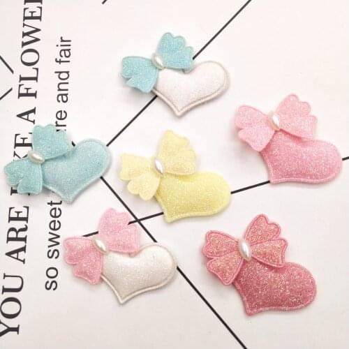 24Pcs/Lot 4.5*3.5cm Glitter Powder Heart With Pearl Butterfly Appliques for DIY Craft Bowknots Sewing Headwear Clip Accessories