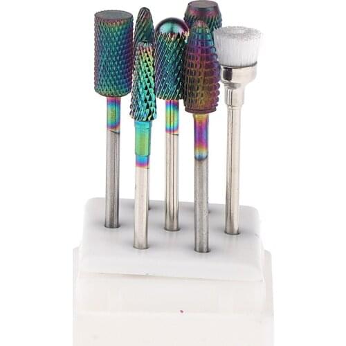 6pcs Rotary Nail Drill Bit with Smooth Round Top For Nail Art Salon + Brush