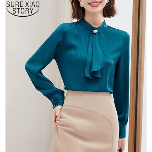 Office Lady Elegant Blouses 2021 Spring New Bow Tie Blouse Stand Collar Shirt Women Long Sleeve Shirt Clothes Blusas Mujer 16580