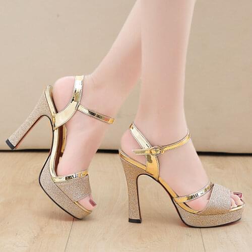 2021 New Korean Version Waterproof Platform Word Buckle 11.5CM High Heels Summer New Fish Mouth Sexy Sandals Womens Shoes Gold