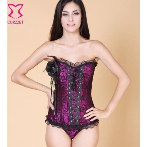 Purple Satin Lace Up Bustier Zipper Corset Overbust Espartilhos E Corpetes Sexy Gothic Clothing Waist Trainer Corsets For Women