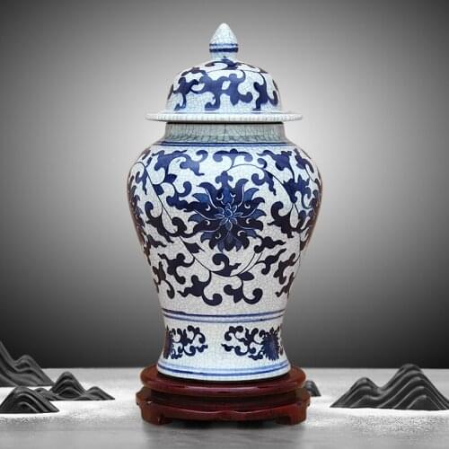 Jingdezhen Ceramics temple jar Blue And White Porcelain Ginger jar Cracked Glaze Storage Pot porcelain decorative jar vase