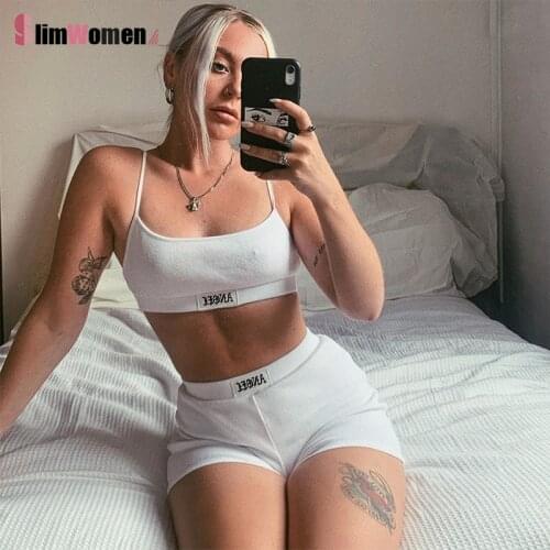 Women Cropped Camisole Top and Biker Shorts Tracksuit Fitness Gym Outfits Y2k Sexy Letter Label Rib Knitted Skinny Two Piece Set