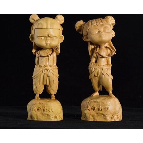 WU CHEN LONG Morden China Creatives Carving Nataku Art Sculpture Nezha Figurine Boxwood Crafts Home Decoration Collecting R3773