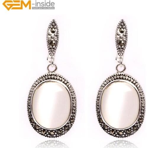 Gem-inside 16x20mm Oval Semi-precious Stone Dangle Earrings Tibetan Silver Hooks Earrings For Women Girl Trinket Gift Jewellery
