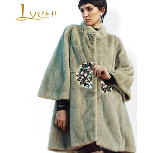 LVCHI Mink fur coat Hand Made Beading Midi wide-waisted Fashion Fur coat natural fur Velvet Boho Style Womens Coats New desgin