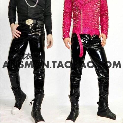 Fashion Mens Stretch Slim Painted Leather Pants Costumes Nightclub Male singer DJ Stage Performance party show dance trousers