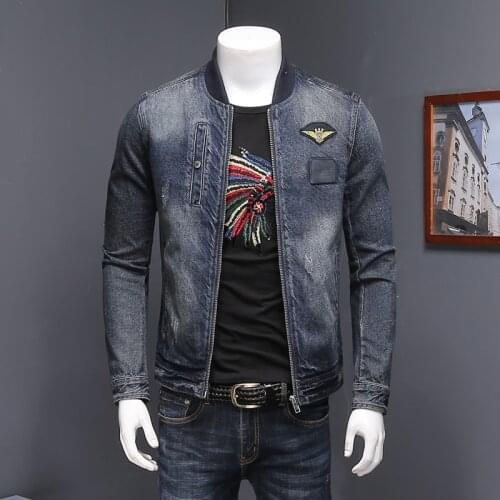 Mens Casual Denim Jacket Baseball Collar Zipper Bade Patch Jeans Coat Slim Fit Motorcycle Biker Cowboy Jackets Drop Shipping