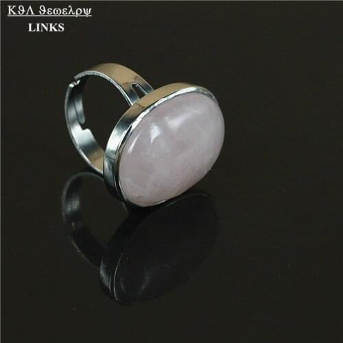Oval Shape Smooth Pink Stone Beads Ring Silver Plated Adjustable Finger Rings for Women Statement Jewewlry Anniversary Gift