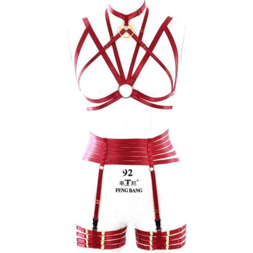 Harness 1 Set Wine Red Cage Top With Garter Belts Body Harness Bondage belts Leg Harness Goth Harness Lingerie Women Clothing