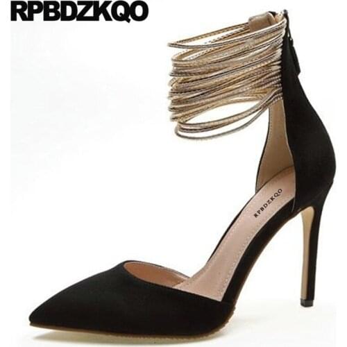 Strappy pumps ankle strap black pointed toe tie up extreme fashion shoes 2019 luxury women plus size ladies high heels stiletto