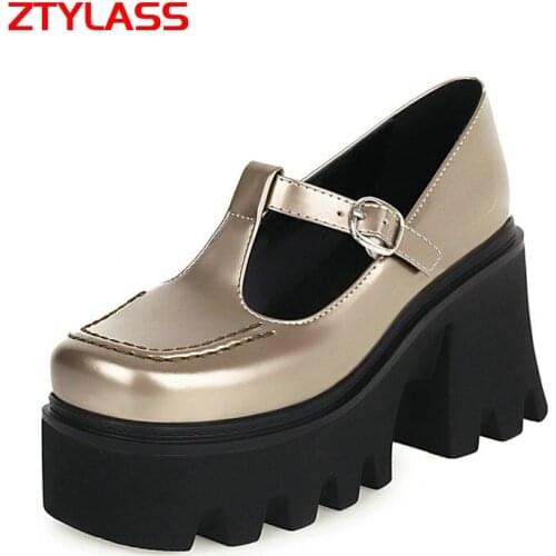 Black Gold Gun Women Pumps PU Leather T-strap Square Toe Platform Shoes Fashion Buckle Thick High Heel Party Spring Summer Shoes