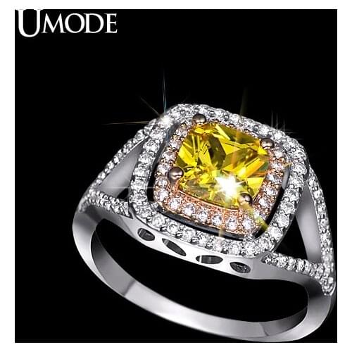 UMODE Luxurious Two Tone Ring Rare Shiny Cushion Cut Yellow CZ Stone Jewelry Halo Engagement Rings Wedding Band UR0143