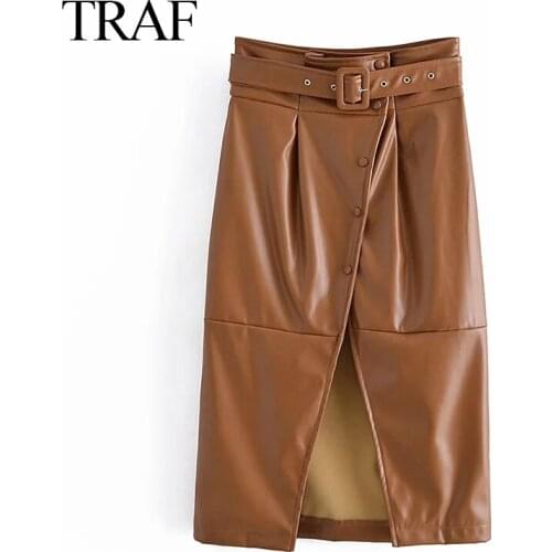 TRAF ZA Womens Clothes PU Leather Wrap Midi Skirts with Belt Autumn Winter 2021 Women High Waist Sheath Vintage Fashion Skirts