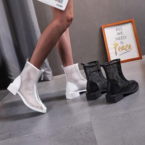 2021 Summer Fashion Round Head Hollow Mesh ANKLE BOOTS SANDALS Sexy Thick Heel Womens Platform Front Zipper Shoes Women