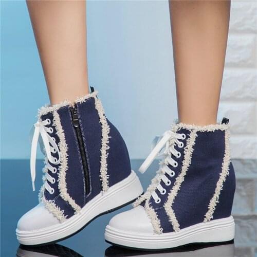 Winter Warm Casual Shoes Women Lace Up Genuine Leather Wedges High Heel Vulcanized Shoes Female High Top Canvas Fashion Sneakers